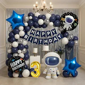 Astronaut Space Theme 3rd Birthday Decoration Combo – 50 Pcs | Balloon Kit with Navy, White & Silver Balloons, Space Balloons, Birth day Banner, Silver Backdrop | Kids Boys Galaxy Birthday
