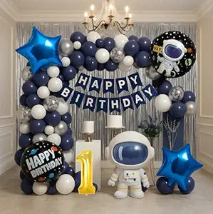 Astronaut Space Theme 1st Birthday Decoration Combo – 50 Pcs | Balloon Kit with Navy, White & Silver Balloons, Space Balloons, Birth day Banner, Silver Backdrop | Kids Boys Galaxy Birthday