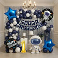 Astronaut Space Theme 1st Birthday Decoration Combo – 50 Pcs | Balloon Kit with Navy, White & Silver Balloons, Space Balloons, Birth day Banner, Silver Backdrop | Kids Boys Galaxy Birthday