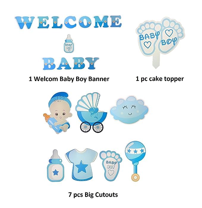 Welcome Home Baby Decoration Combo Welcome Baby Boy Banner Decoration Kit Big Size Cutouts Cake Topper Welcome Boy Decoration Baby Shower Decoration Items - 14pcs