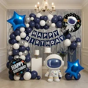 Astronaut Space Theme Decoration Combo – 50 Pcs | Balloon Kit with Navy, White & Silver Balloons, Space Balloons, Birth day Banner, Silver Backdrop | Kids Boys Galaxy Birthday