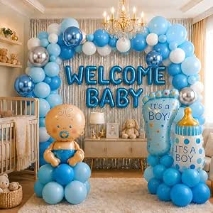 Welcome Baby Decoration Set for Newborn Celebration | Welcome Baby Banner, Theme Foil Balloon, Bottle, Feet Balloon, Silver Fringe Curtains, Blue & White Balloons