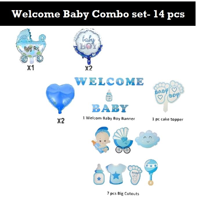 Welcome Home Baby Decoration Combo Welcome Baby Boy Banner Decoration Kit Big Size Cutouts Cake Topper Welcome Boy Decoration Baby Shower Decoration Items - 14pcs