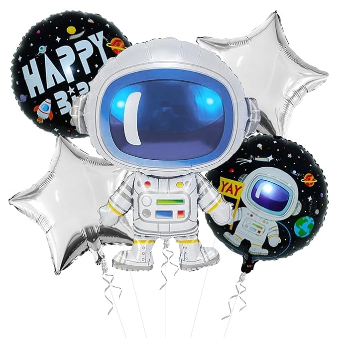Astronaut Space Theme 3rd Birthday Decoration Combo – 50 Pcs | Balloon Kit with Navy, White & Silver Balloons, Space Balloons, Birth day Banner, Silver Backdrop | Kids Boys Galaxy Birthday