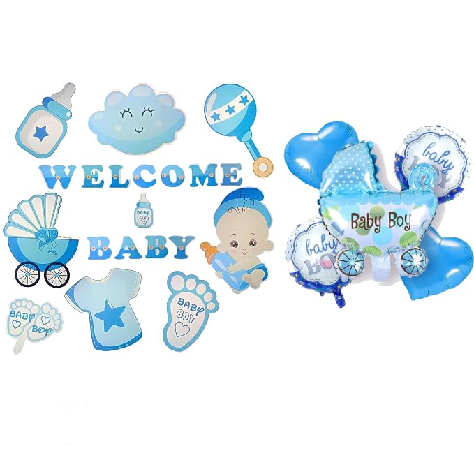 Welcome Home Baby Decoration Combo Welcome Baby Boy Banner Decoration Kit Big Size Cutouts Cake Topper Welcome Boy Decoration Baby Shower Decoration Items - 14pcs