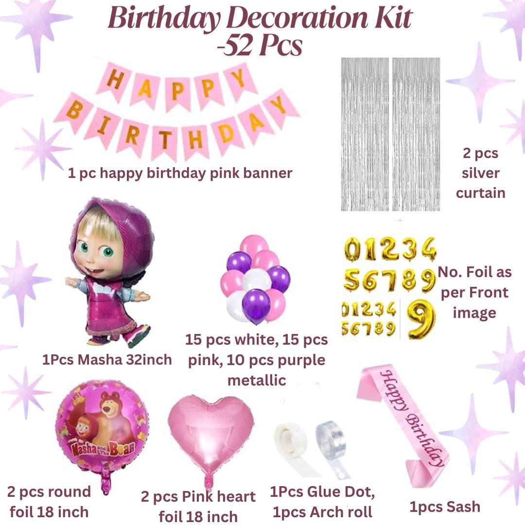 Birthday Decoration Kit for Girls - 52 Pcs | Masha Theme Party Supplies | Happy Birthday Banner, Balloons, Curtains, Foil Numbers, Masha Foil Balloon, Heart Balloons, Sash & More (1 Year)
