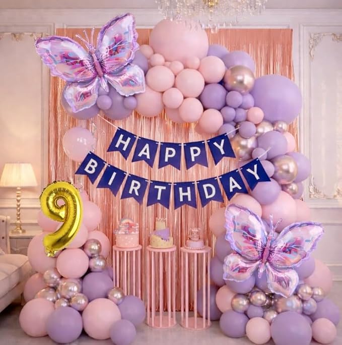 Butterfly Theme 9th Birthday Decoration Kit for Girls – Premium Pastel Pink & Purple Balloon Arch Garland with Silver Chrome Balloons, Rose Gold Metallic Fringe