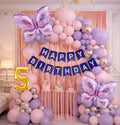 Butterfly Theme 5th Birthday Decoration Kit for Girls – Premium Pastel Pink & Purple Balloon Arch Garland with Silver Chrome Balloons, Rose Gold Metallic Fringe