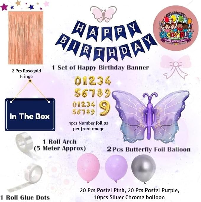 Butterfly Theme 3rd Birthday Decoration Kit for Girls – Premium Pastel Pink & Purple Balloon Arch Garland with Silver Chrome Balloons, Rose Gold Metallic Fringe
