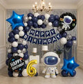 Astronaut Space Theme 6th Birthday Decoration Combo – 50 Pcs | Balloon Kit with Navy, White & Silver Balloons, Space Balloons, Birth day Banner, Silver Backdrop | Kids Boys Galaxy Birthday