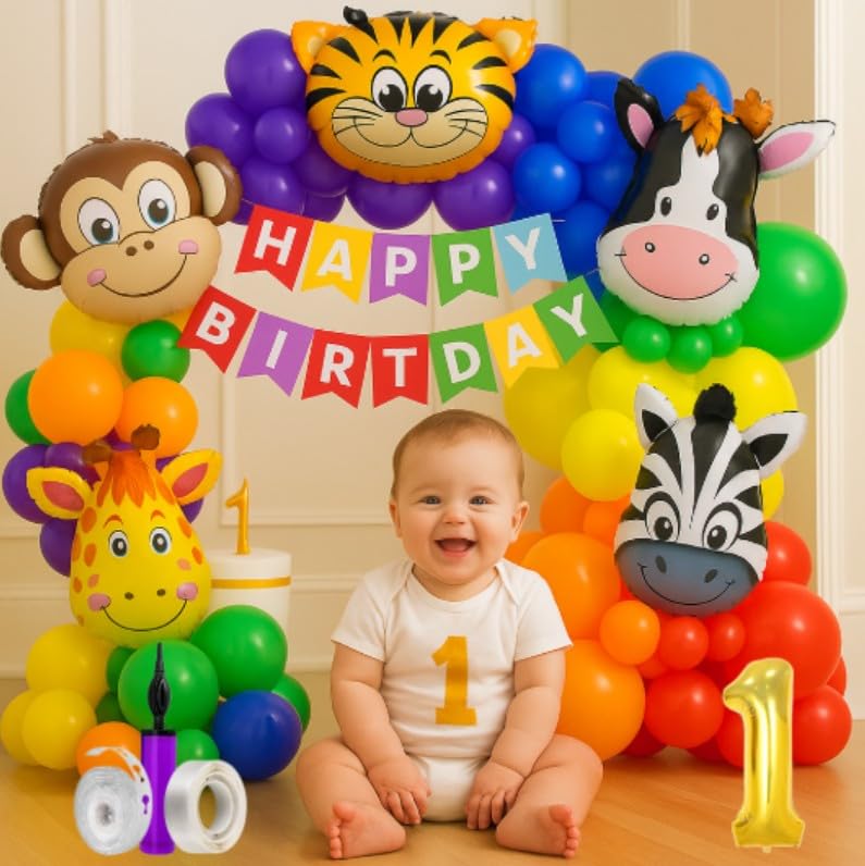 Jungle Theme 1st Birth day Decoration Combo – 54 Pcs Happy 1 Year Birth day Party Kit for Baby Boy & Girl with Safari Animals, Balloons, Banner & Party Accessories