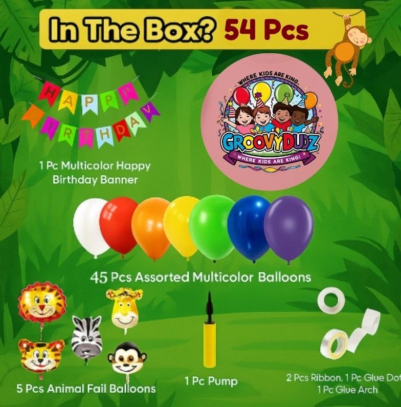 Jungle Theme 1st Birth day Decoration Combo – 54 Pcs Happy 1 Year Birth day Party Kit for Baby Boy & Girl with Safari Animals, Balloons, Banner & Party Accessories