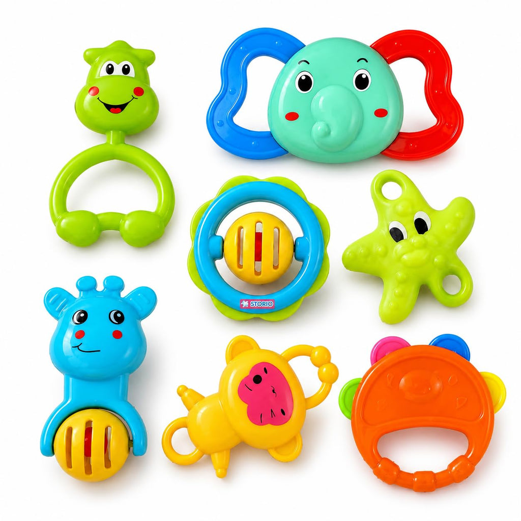 GROOVYDUDZ Baby Products Toys 7 Pcs Rattle Set with Teathers for New Born Baby Gifts, Toy for Babies, Non-Toxic