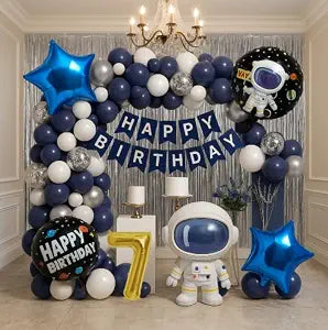 Astronaut Space Theme 7th Birthday Decoration Combo – 50 Pcs | Balloon Kit with Navy, White & Silver Balloons, Space Balloons, Birth day Banner, Silver Backdrop | Kids Boys Galaxy Birthday