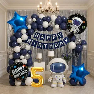 Astronaut Space Theme 5th Birthday Decoration Combo – 50 Pcs | Balloon Kit with Navy, White & Silver Balloons, Space Balloons, Birth day Banner, Silver Backdrop | Kids Boys Galaxy Birthday