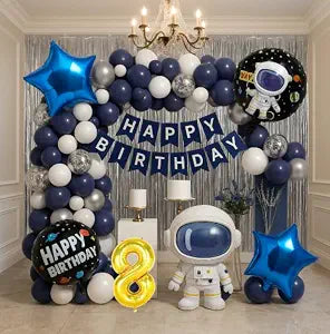 Astronaut Space Theme 8th Birthday Decoration Combo – 50 Pcs | Balloon Kit with Navy, White & Silver Balloons, Space Balloons, Birth day Banner, Silver Backdrop | Kids Boys Galaxy Birthday