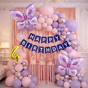 Butterfly Theme 4th Birthday Decoration Kit for Girls – Premium Pastel Pink & Purple Balloon Arch Garland with Silver Chrome Balloons, Rose Gold Metallic Fringe