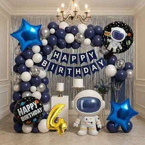 Astronaut Space Theme 4th Birthday Decoration Combo – 50 Pcs | Balloon Kit with Navy, White & Silver Balloons, Space Balloons, Birth day Banner, Silver Backdrop | Kids Boys Galaxy Birthday