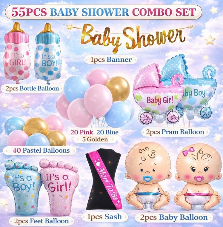 Baby Shower Decoration Items Set-55Pcs Baby Shower Party Decoration Items with Pastel Balloon,Pram Balloon theme Party Decoration Items