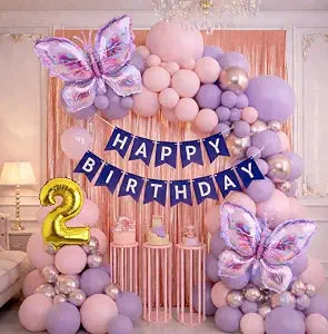 Butterfly Theme 2nd Birthday Decoration Kit for Girls – Premium Pastel Pink & Purple Balloon Arch Garland with Silver Chrome Balloons, Rose Gold Metallic Fringe