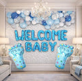 Welcome Baby Decoration Kit for Boys – Blue Theme Baby Shower & Newborn Welcome Set, Baby Feet, Metallic Balloons, Confetti & Silver Fringe Backdrop