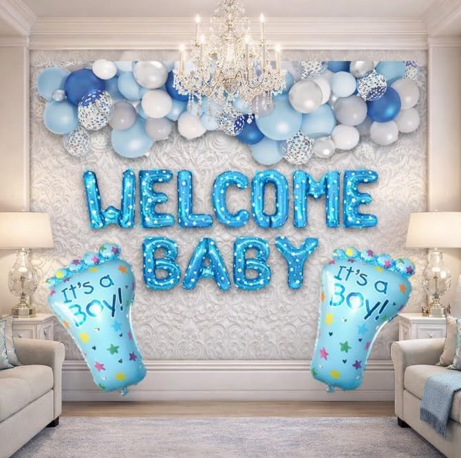 Welcome Baby Decoration Kit for Boys – Blue Theme Baby Shower & Newborn Welcome Set, Baby Feet, Metallic Balloons, Confetti & Silver Fringe Backdrop