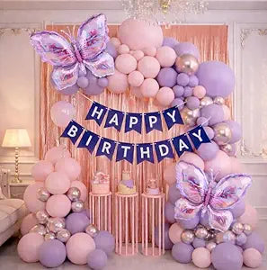 Butterfly Theme Birthday Decoration Kit for Girls – Premium Pastel Pink & Purple Balloon Arch Garland with Silver Chrome Balloons, Rose Gold Metallic Fringe