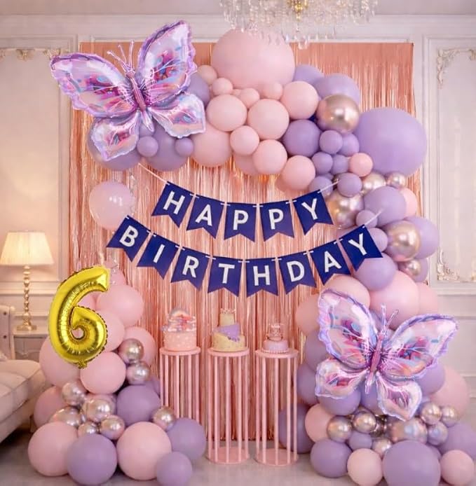 Butterfly Theme 6th Birthday Decoration Kit for Girls – Premium Pastel Pink & Purple Balloon Arch Garland with Silver Chrome Balloons, Rose Gold Metallic Fringe