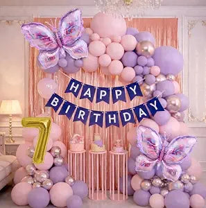Butterfly Theme 7th Birthday Decoration Kit for Girls – Premium Pastel Pink & Purple Balloon Arch Garland with Silver Chrome Balloons, Rose Gold Metallic Fringe
