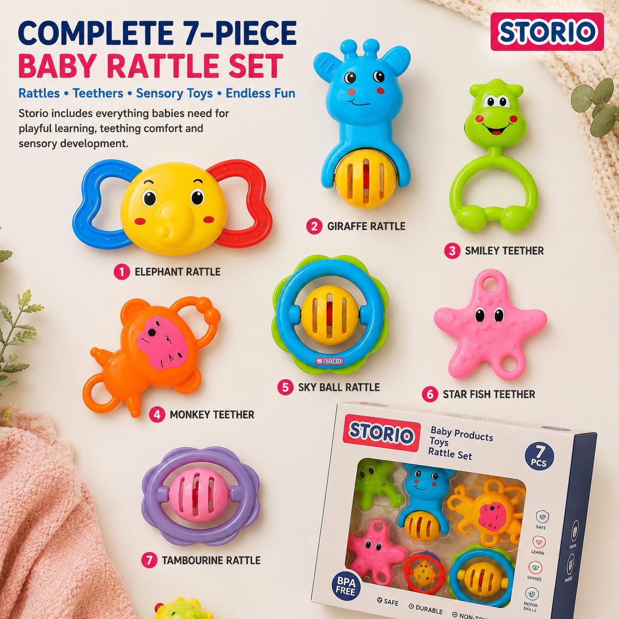 GROOVYDUDZ Baby Products Toys 7 Pcs Rattle Set with Teathers for New Born Baby Gifts, Toy for Babies, Non-Toxic