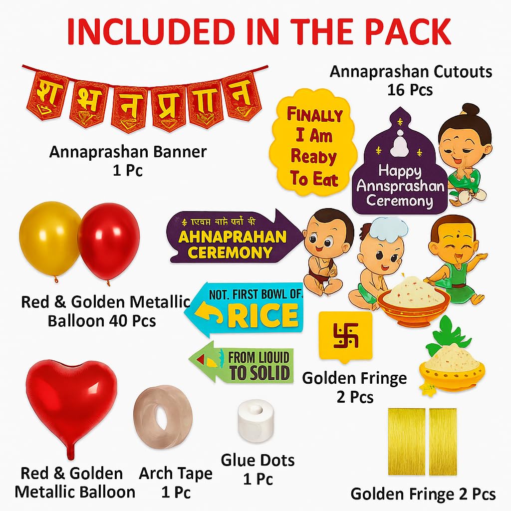Annaprashan Decoration Kit for Baby’s Rice Ceremony – Includes Banner, 40 Metallic Balloons,