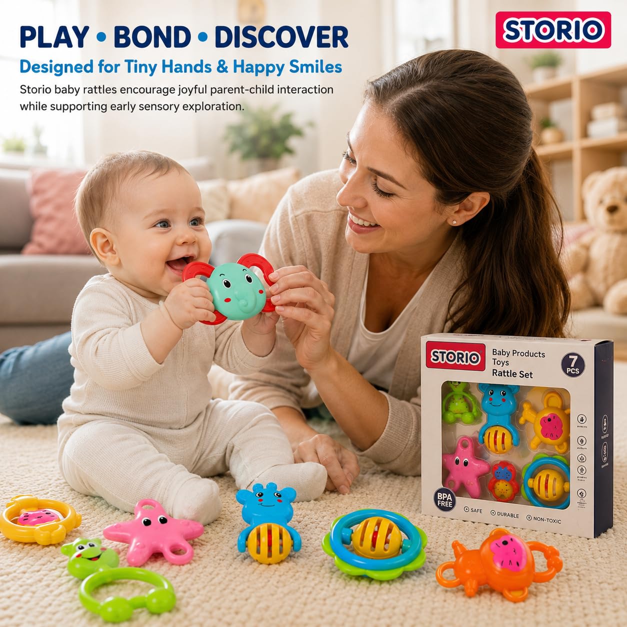 GROOVYDUDZ Baby Products Toys 7 Pcs Rattle Set with Teathers for New Born Baby Gifts, Toy for Babies, Non-Toxic