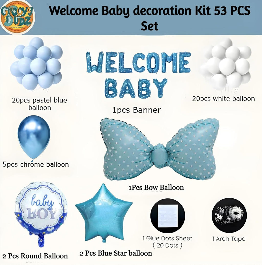 Welcome Baby Boy Decoration Kit 53 PCS – Blue Balloon Arch Set with Foil Banner, Star & Bow Balloons, Baby Boy Foil Balloon, Glue Dots & Arch Tape – Welcome Baby Decor