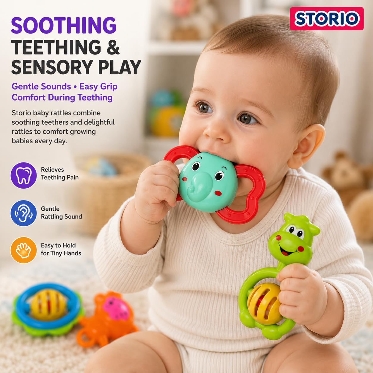 GROOVYDUDZ Baby Products Toys 7 Pcs Rattle Set with Teathers for New Born Baby Gifts, Toy for Babies, Non-Toxic