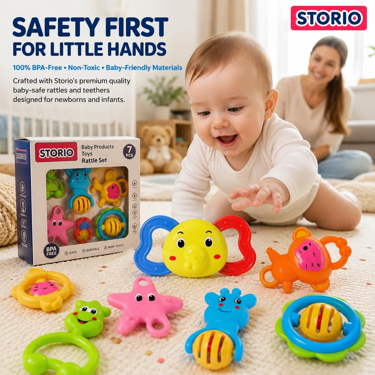 GROOVYDUDZ Baby Products Toys 7 Pcs Rattle Set with Teathers for New Born Baby Gifts, Toy for Babies, Non-Toxic
