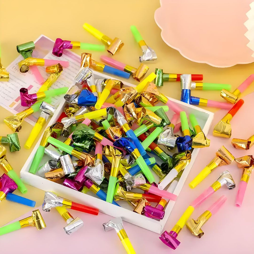 GROOVYDUDZ Rubber Party Horns Noisemakers | 20 Pcs Multicolour Blow Outs & Whistles Toys for Kids Birthday Parties, Celebrations, Events & Fun Party Favors | Safe, Durable & Exciting Party Accessories