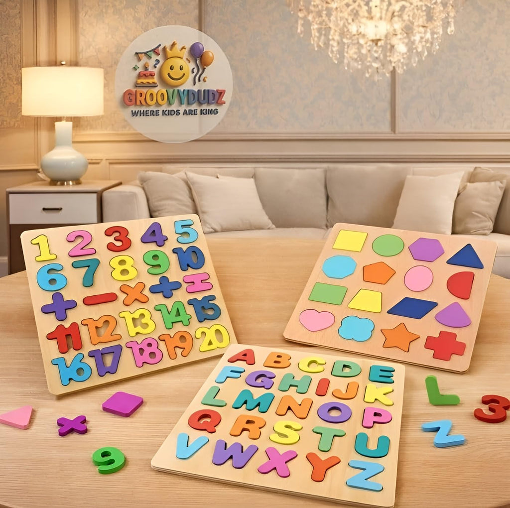 GROOVYDUDZ Wooden 3-in-1 Learning Puzzle for Toddlers 1-3 Years – ABC Alphabet, Numbers & Shapes Board | Educational Preschool Toy | Early Brain Development Gift for Boys & Girls