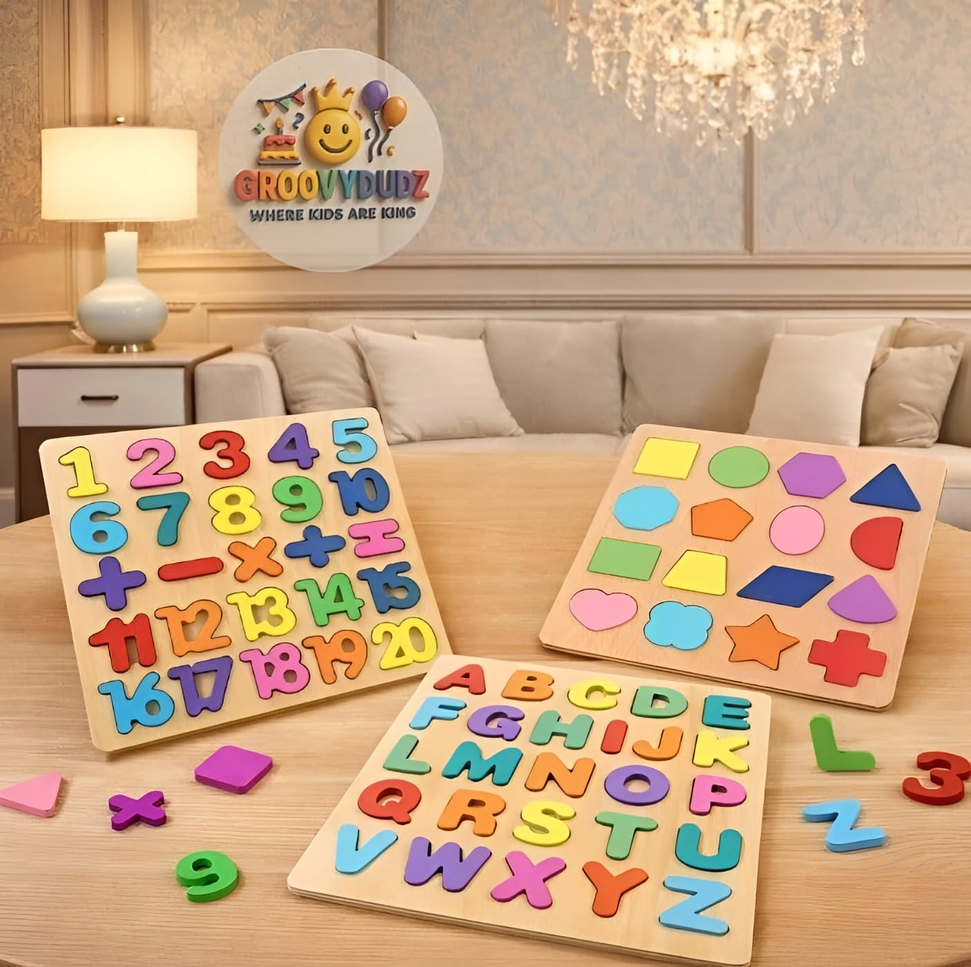GROOVYDUDZ Wooden 3-in-1 Learning Puzzle for Toddlers 1-3 Years – ABC Alphabet, Numbers & Shapes Board | Educational Preschool Toy | Early Brain Development Gift for Boys & Girls