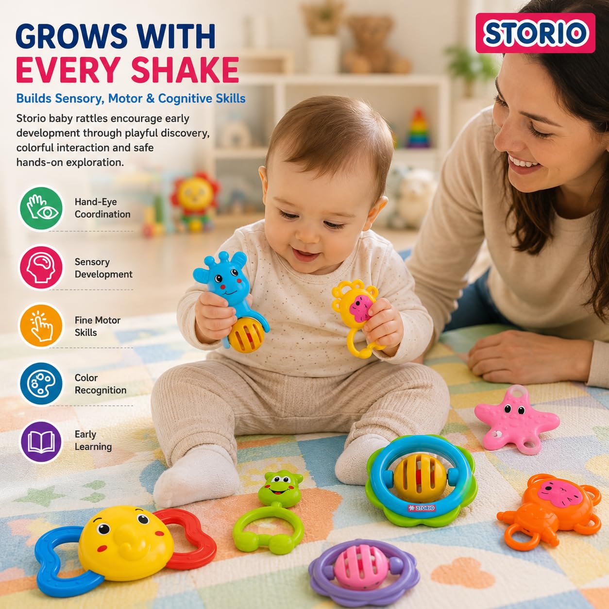 GROOVYDUDZ Baby Products Toys 7 Pcs Rattle Set with Teathers for New Born Baby Gifts, Toy for Babies, Non-Toxic