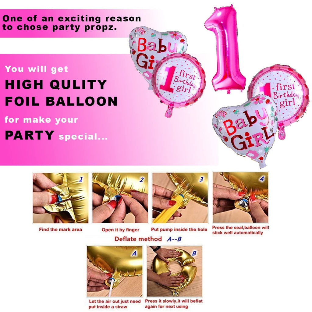 Pink 1st Birthday Decoration For Baby Girl With Happy Birthday Banner Number 1 Foil Balloon And Round Foil Balloons Combo - 6Pcs.