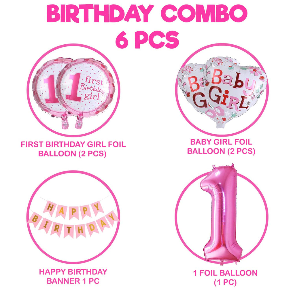 Pink 1st Birthday Decoration For Baby Girl With Happy Birthday Banner Number 1 Foil Balloon And Round Foil Balloons Combo - 6Pcs.