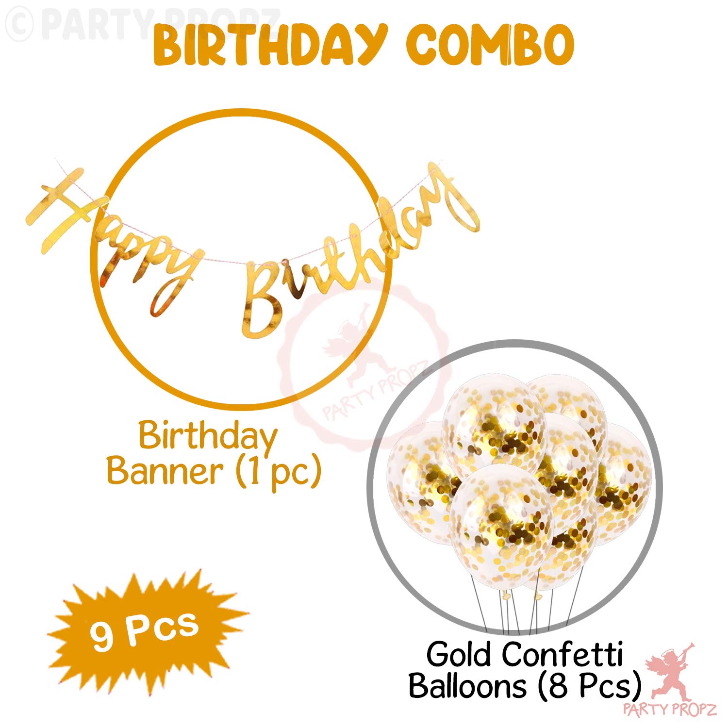 GROOVYDUDZ Golden Happy Birthday Banner - 9 Pcs Birthday Decorations Kit With Golden Confetti Balloons For Decoration | Bday Decors Items for Wife | Birthday Decorations for Husband