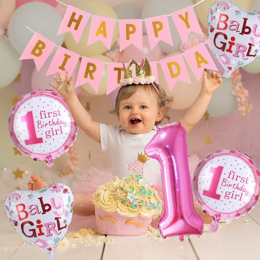 Pink 1st Birthday Decoration For Baby Girl With Happy Birthday Banner Number 1 Foil Balloon And Round Foil Balloons Combo - 6Pcs.