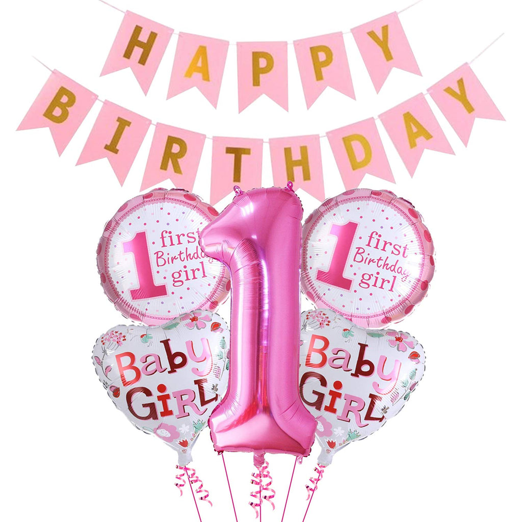 Pink 1st Birthday Decoration For Baby Girl With Happy Birthday Banner Number 1 Foil Balloon And Round Foil Balloons Combo - 6Pcs.