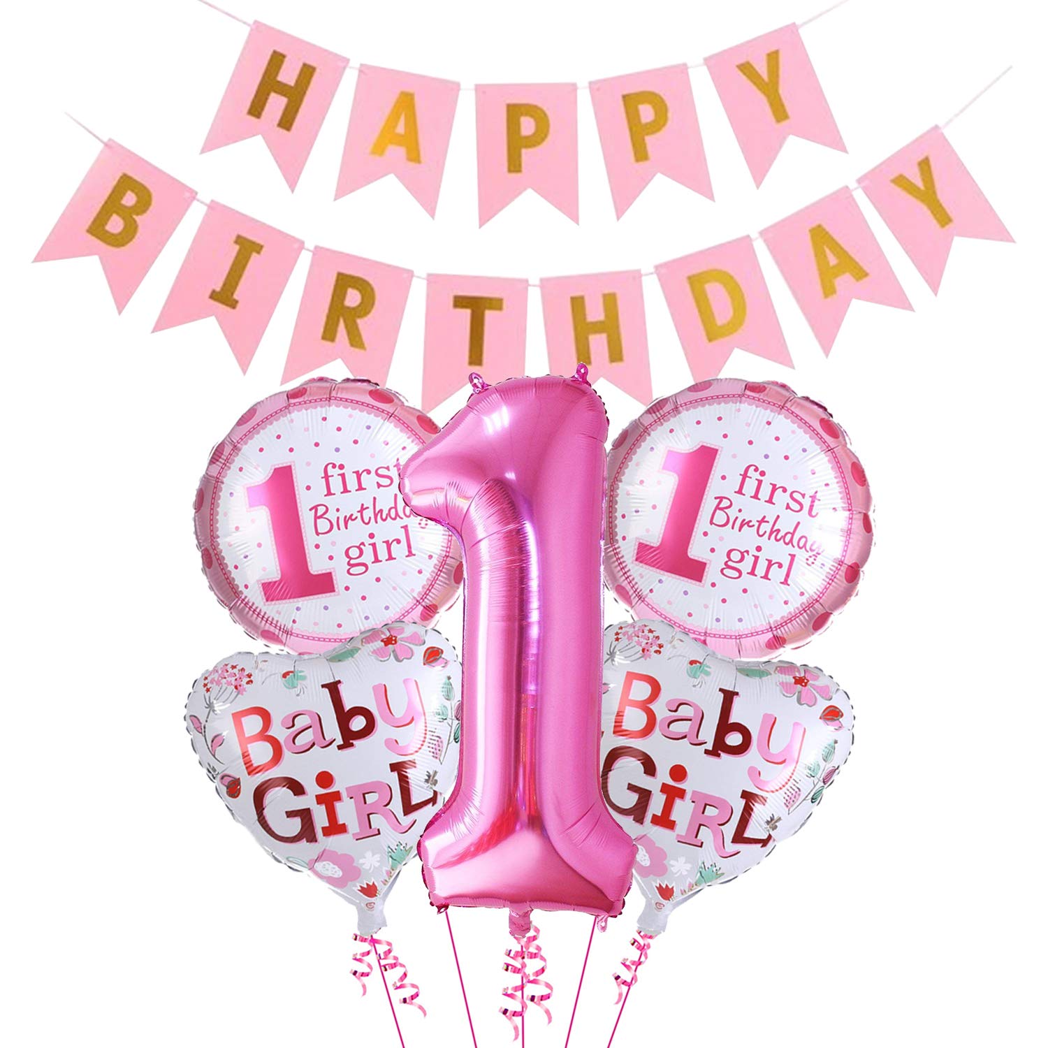 Pink 1st Birthday Decoration For Baby Girl With Happy Birthday Banner Number 1 Foil Balloon And Round Foil Balloons Combo - 6Pcs.