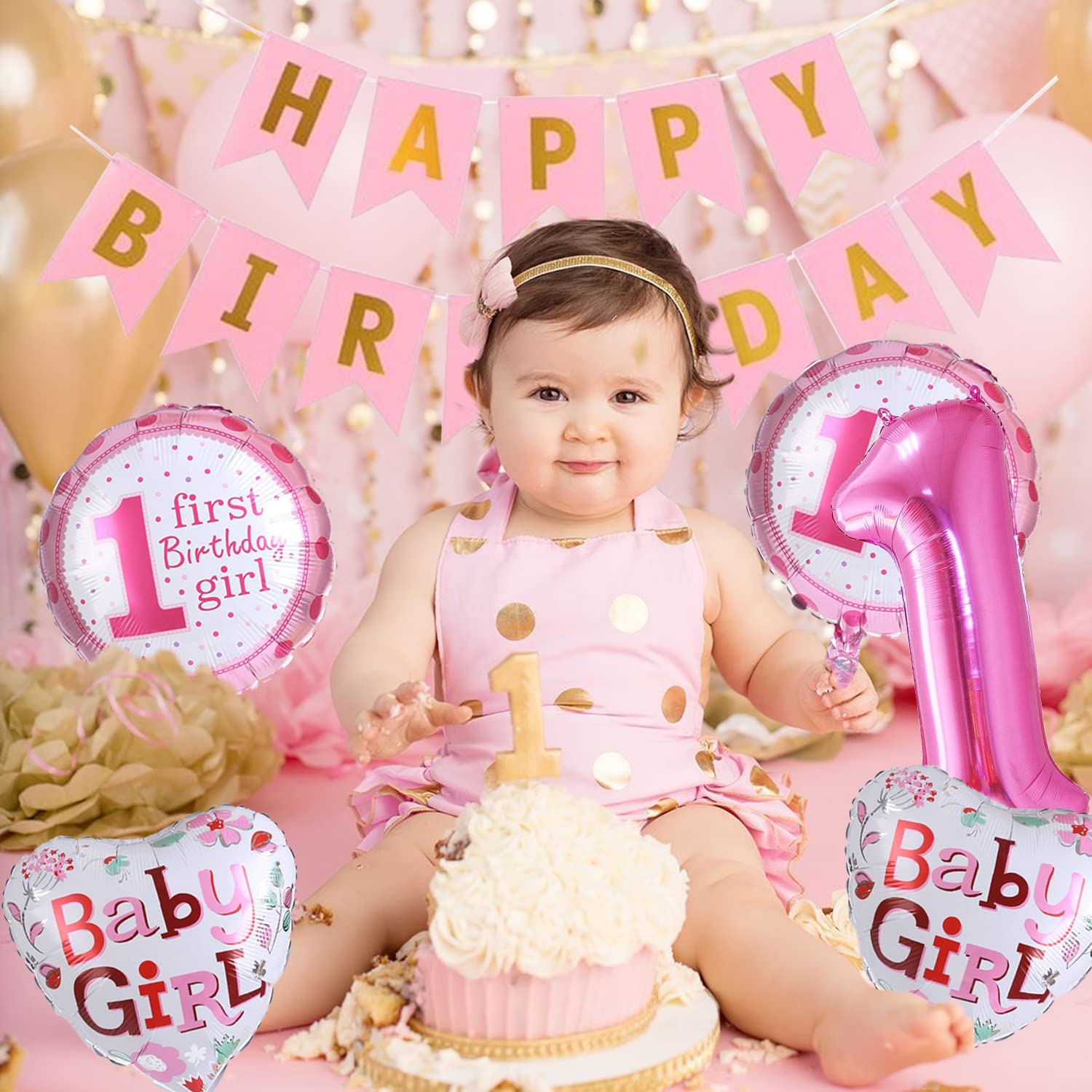 Pink 1st Birthday Decoration For Baby Girl With Happy Birthday Banner Number 1 Foil Balloon And Round Foil Balloons Combo - 6Pcs.