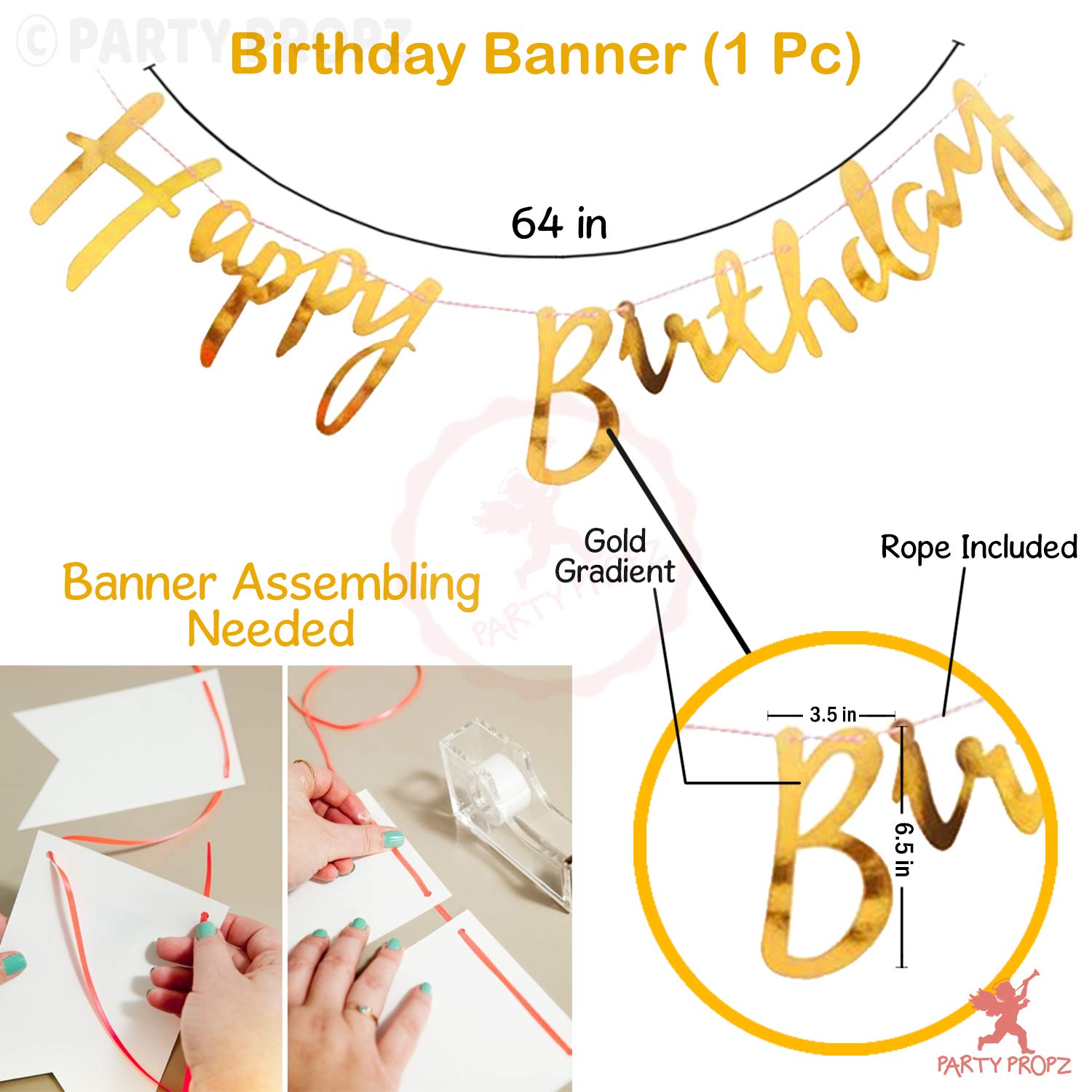 GROOVYDUDZ Golden Happy Birthday Banner - 9 Pcs Birthday Decorations Kit With Golden Confetti Balloons For Decoration | Bday Decors Items for Wife | Birthday Decorations for Husband