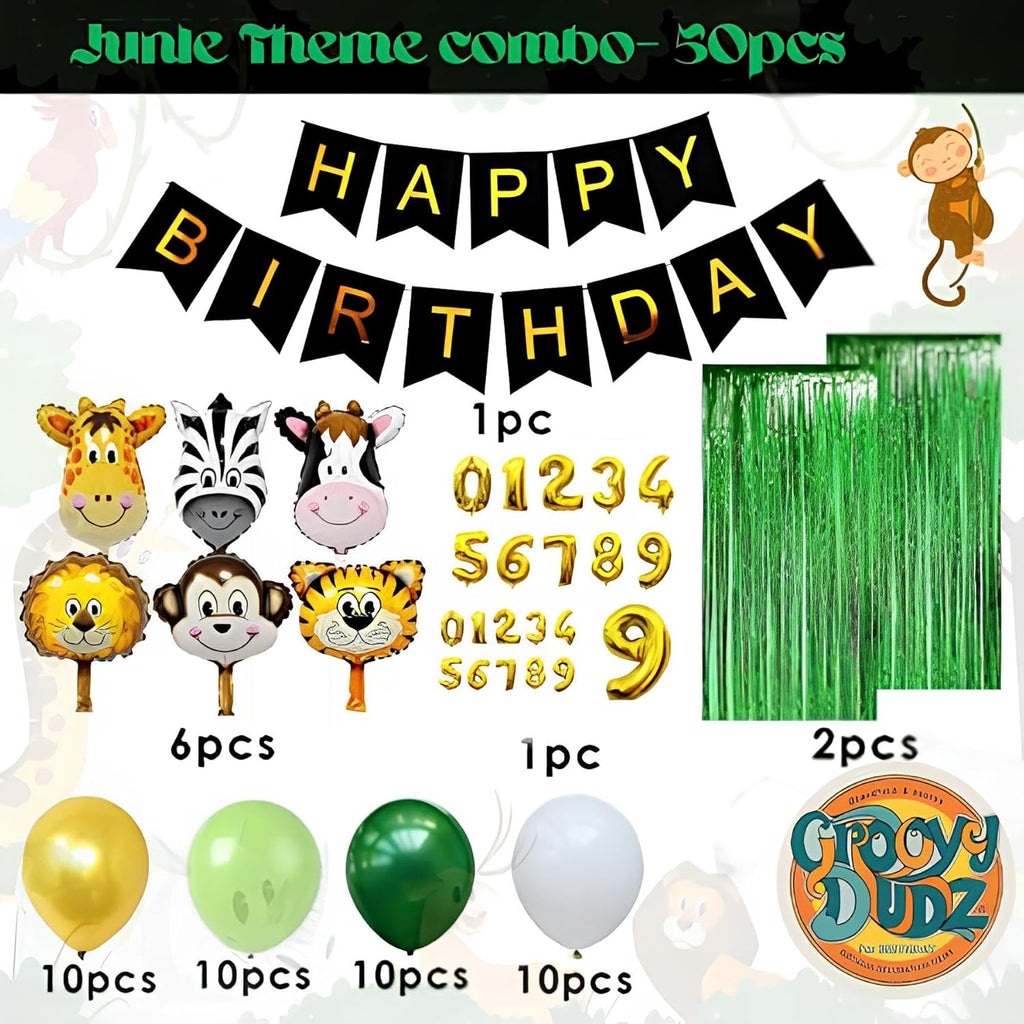 4th Jungle Theme Birth day Decoration Set – 50 PCS Wild Animal Party, Happy Birth day Banner, Green Fringe Backdrop & Latex Balloons – Safari Animal Theme Birth day Decoration for Kids
