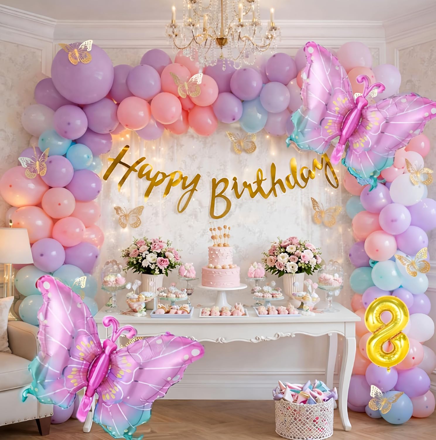 Butterfly Theme 8th Birthday Decoration Set with Happy Birthday Banner, Pastel Balloons, Butterfly Design Balloons & Arch Accessories – Girls Birthday Party Decor