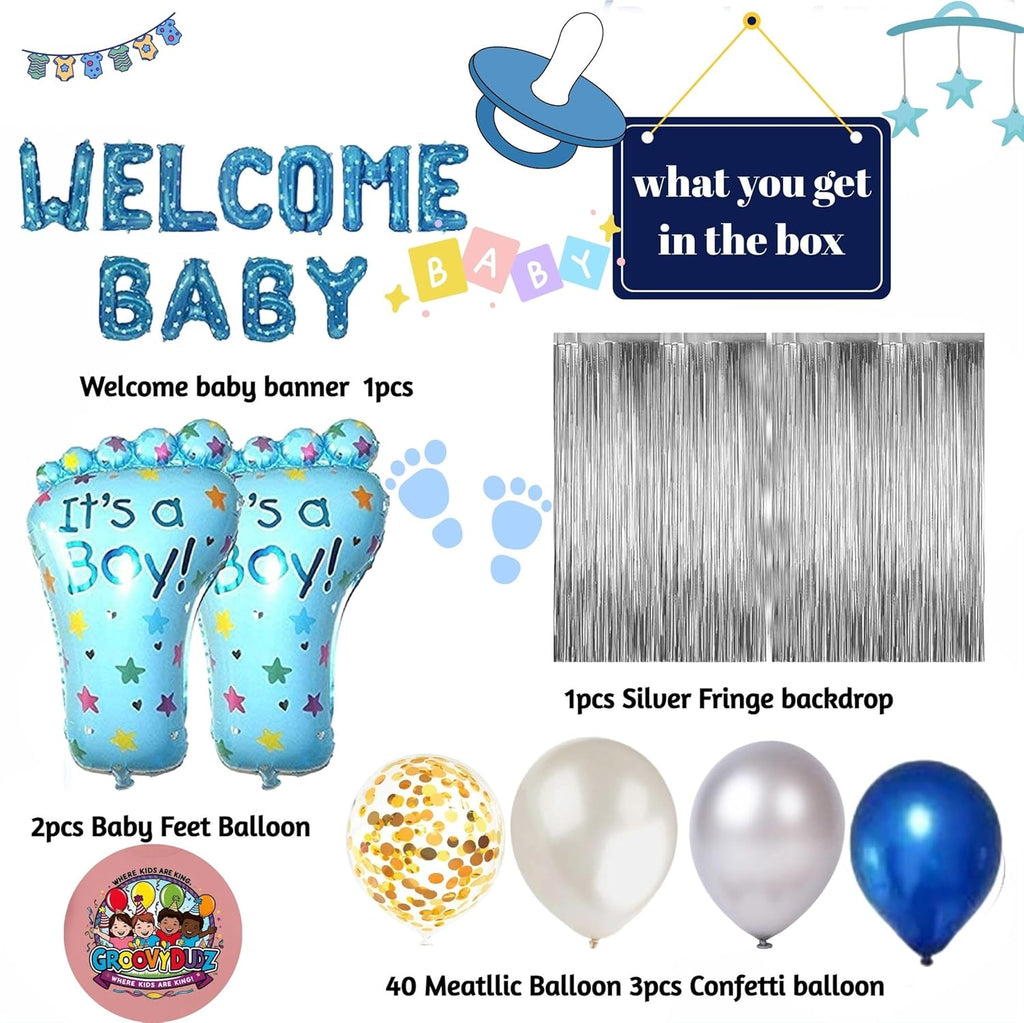 Welcome Baby Decoration Kit for Boys – Blue Theme Baby Shower & Newborn Welcome Set, Baby Feet, Metallic Balloons, Confetti & Silver Fringe Backdrop